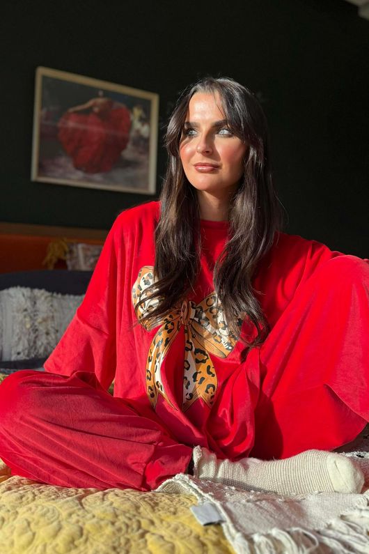 Binky Bow Soft Stretch Velour Lounge Suit Ruby